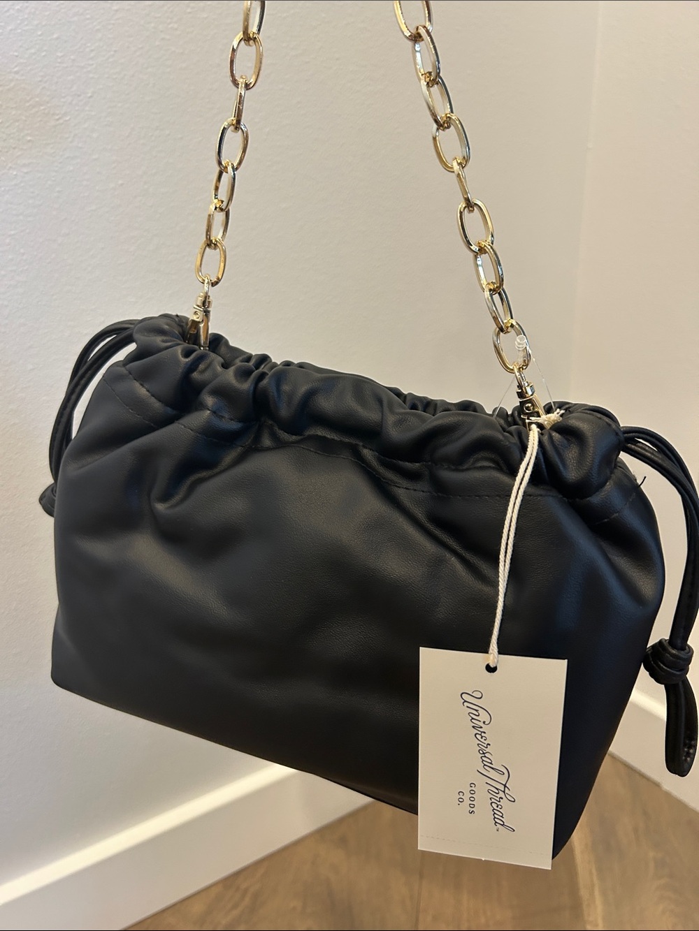 NWT Black Chain-Handle Drawstring Shoulder Bag